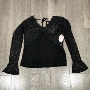 Black Lace Long-Sleeve V-Neck Blouse